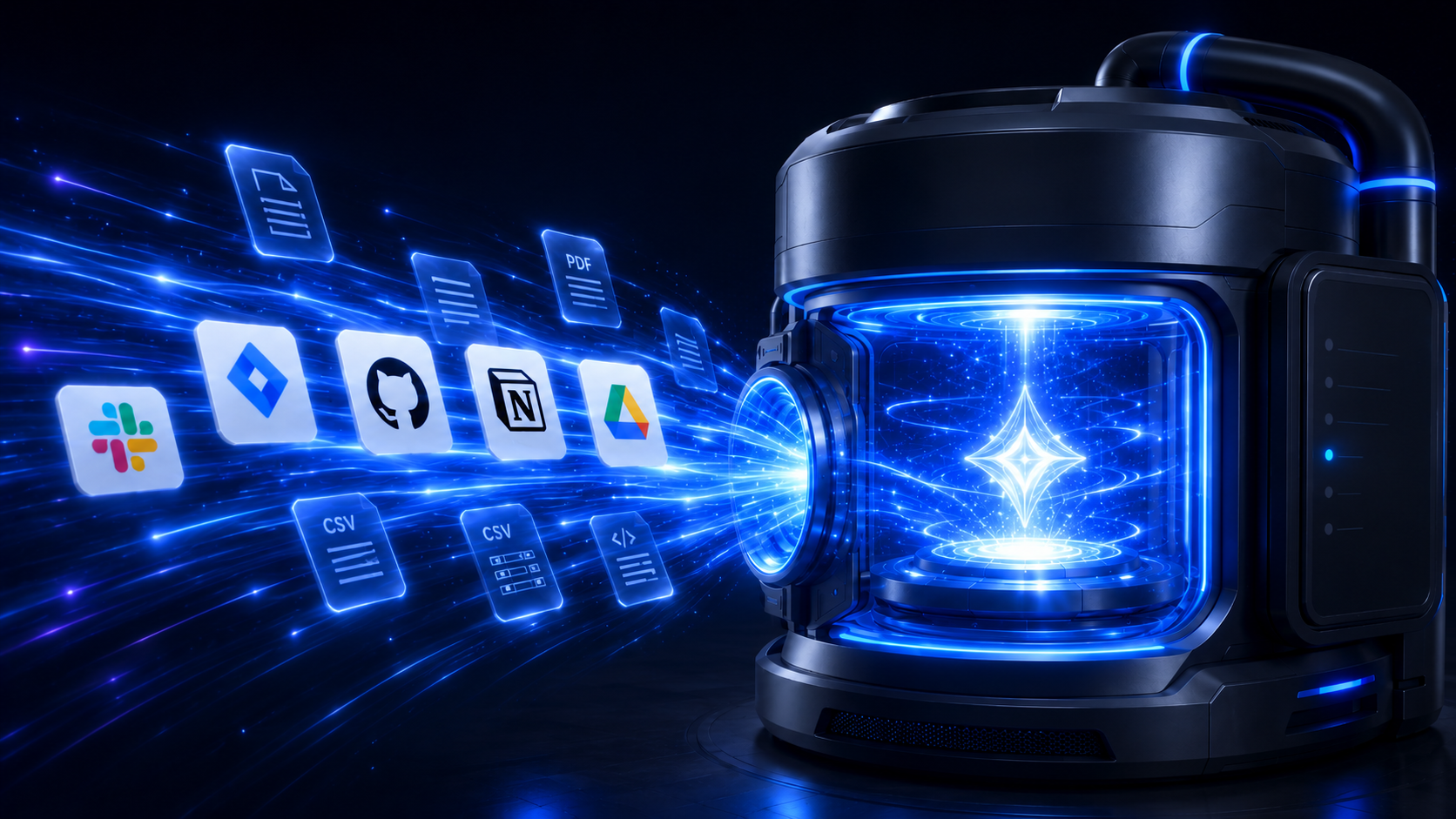 Orion Deployment Engine ingesting Slack, Jira, GitHub, Notion, Google Drive, PDF, CSV and code